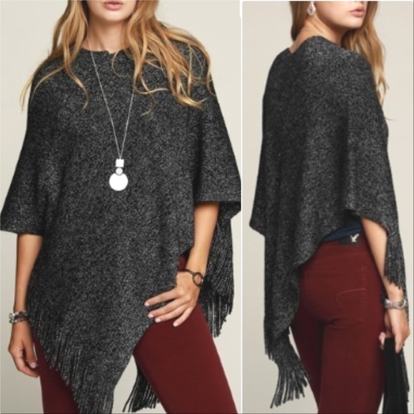MODA ME COUTURE Sweaters - Poncho Gray Fringed detailed Poncho